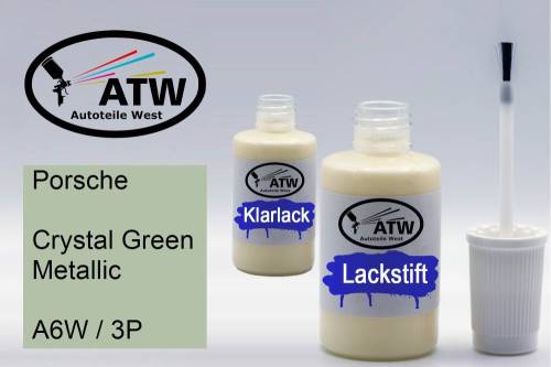 Porsche, Crystal Green Metallic, A6W / 3P: 20ml Lackstift + 20ml Klarlack - Set, von ATW Autoteile West.